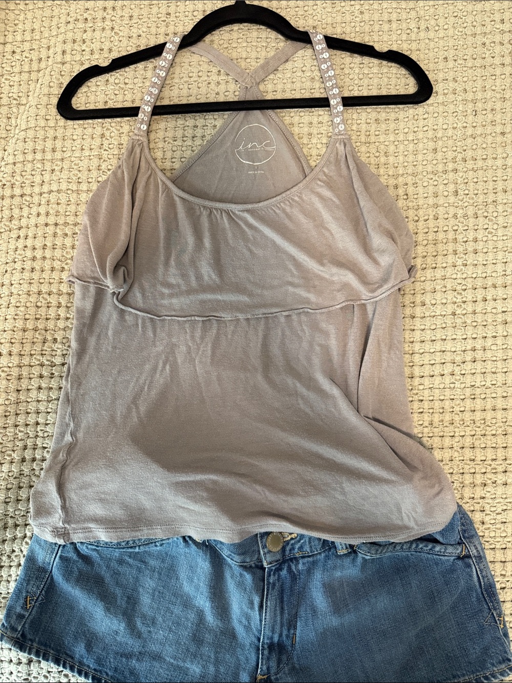 INC International Concepts Taupe Ruffle Tank with Embellished Straps